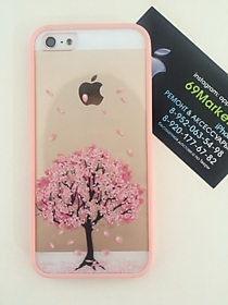 Прозрачный пластиковый чехол для iPhone 5/5s/SE c розовым бампером и рисунком