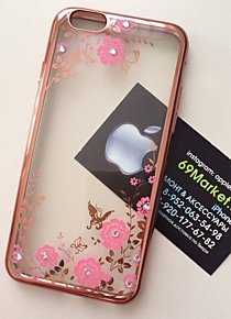 Розовый силиконовый чехол со стразами и розовыми цветками для iPhone 6/6S 