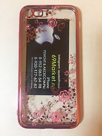 Розовый силиконовый чехол со стразами и розовыми цветками для iPhone 7/8/SE2020